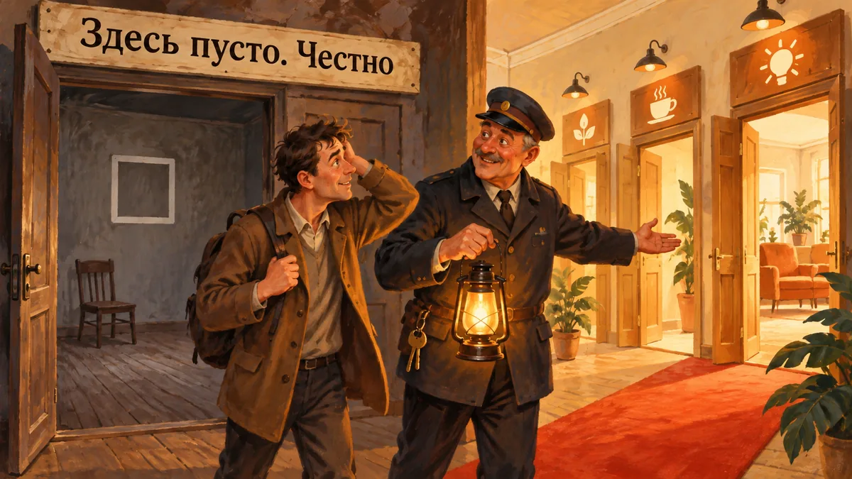 Смотритель с фонарём показывает заблудившемуся посетителю выход из пустой комнаты; надпись «Здесь пусто. Честно».