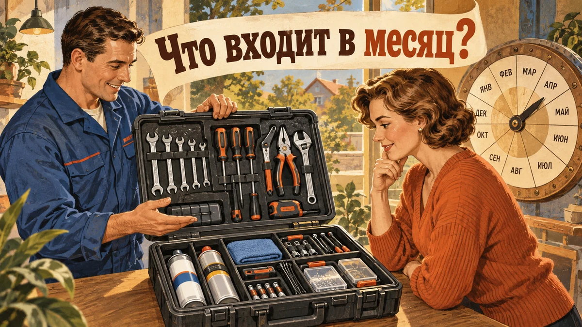 Мастер показывает клиентке состав регулярного обслуживания. Надпись «Что входит в месяц?».