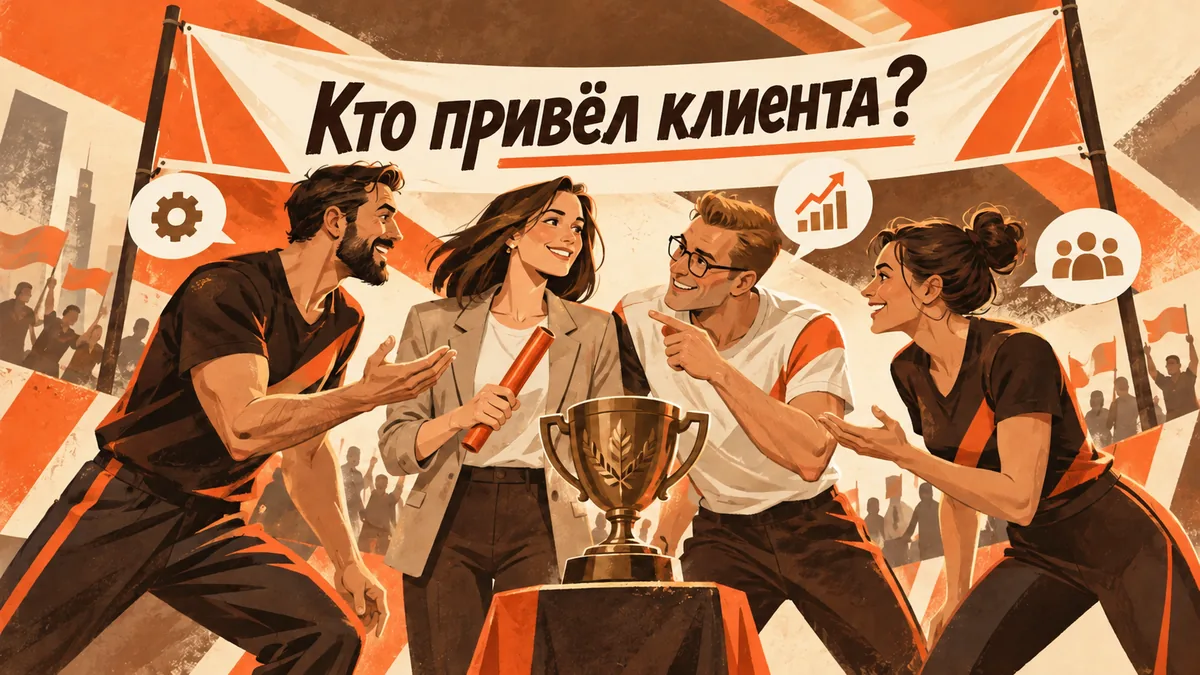 Трое участников эстафеты обсуждают кубок, клиент держит эстафетную палочку; надпись «Кто привёл клиента?».