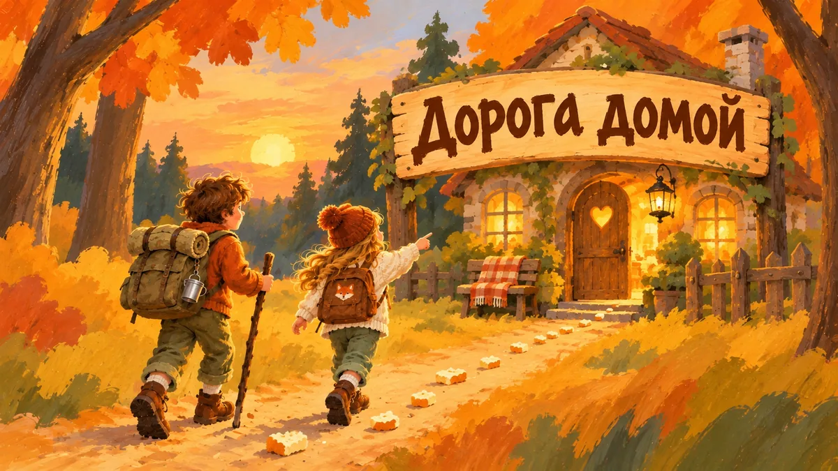 Двое детей идут по хлебным крошкам через лес к уютному дому; надпись «Дорога домой».