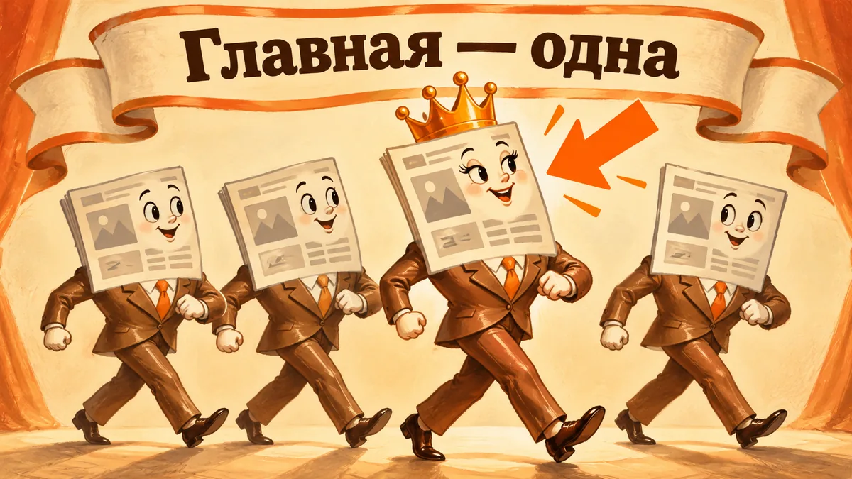 Персонажи-страницы идут рядом, а&nbsp;стрелка выделяет главную страницу с&nbsp;короной под&nbsp;надписью «Главная&nbsp;— одна»