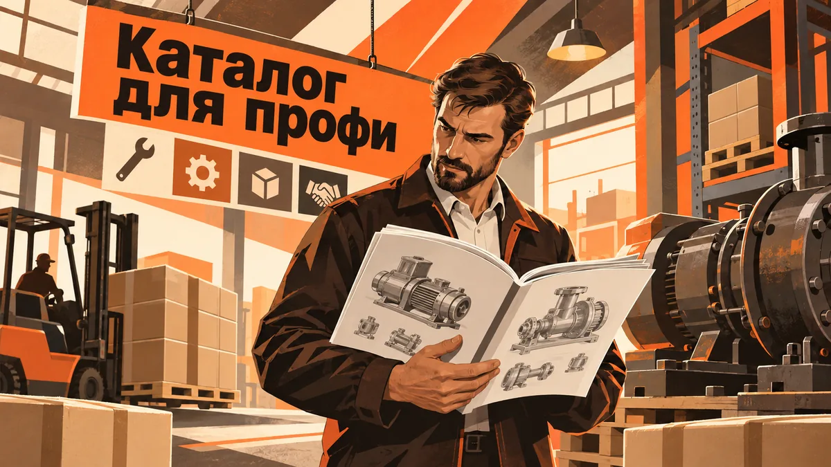 Дилер изучает каталог с чертежами рядом со станком и паллетами продукции; надпись «Каталог для профи».