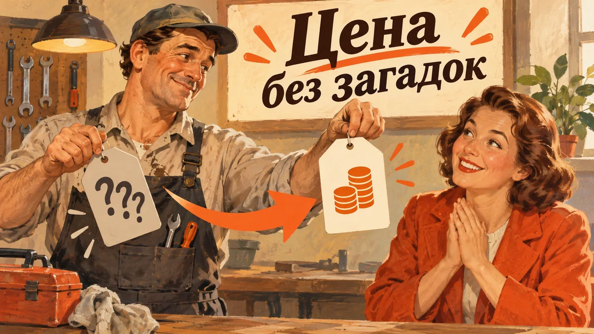 Мастер ремонта показывает клиентке понятный ценник с монетами вместо таблички с вопросами; надпись «Цена без загадок».