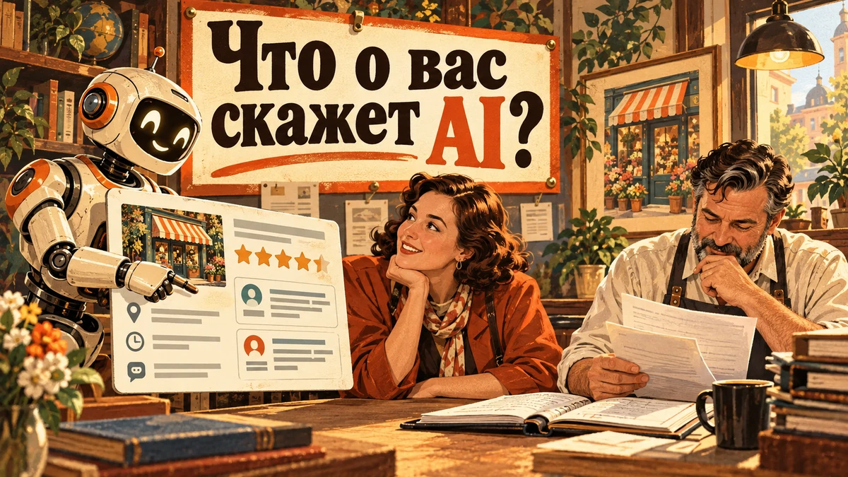 Как узнать, что AI-ассистенты говорят о вашей компании — иллюстрация с надписью «Что о вас скажет AI?»