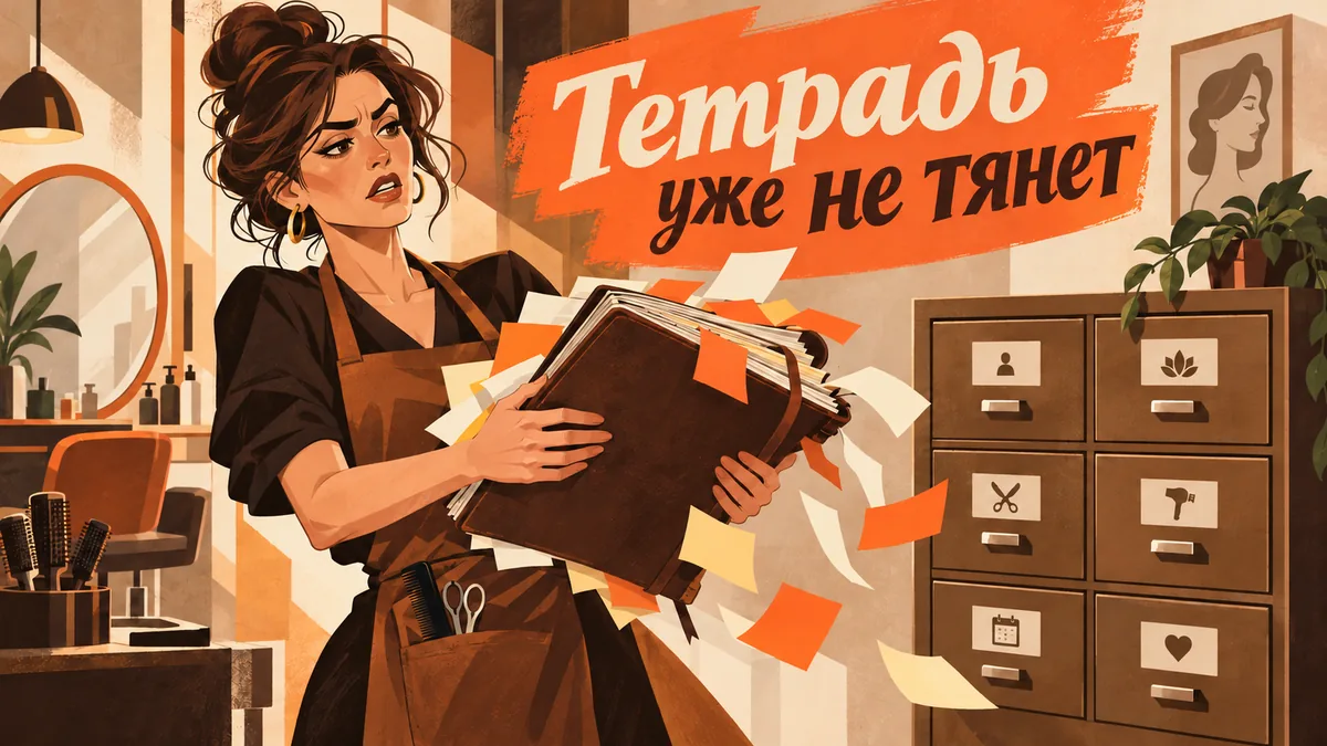 Владелица салона держит распухшую тетрадь со стикерами рядом с аккуратной картотекой; надпись «Тетрадь уже не тянет».