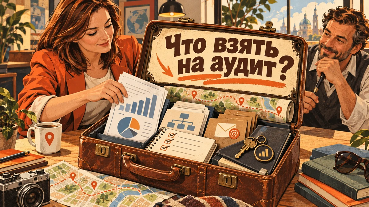 Какие данные подготовить перед аудитом сайта и рекламы — иллюстрация с надписью «Что взять на аудит?»