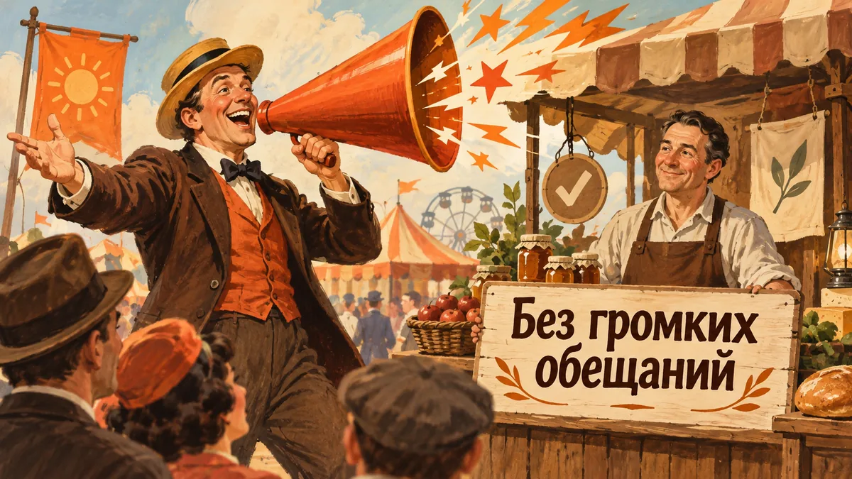 Ярмарочный зазывала кричит в огромную трубу рядом со спокойным продавцом с табличкой; надпись «Без громких обещаний».