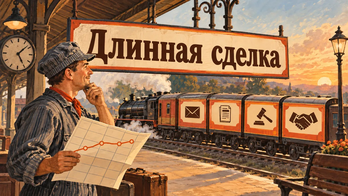 Инженер сверяет маршрут поезда с&nbsp;вагонами-этапами сделки; надпись «Длинная сделка».
