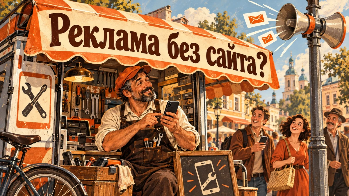 Можно&nbsp;ли запускать Директ без&nbsp;сайта&nbsp;— иллюстрация с&nbsp;надписью «Реклама без&nbsp;сайта?»