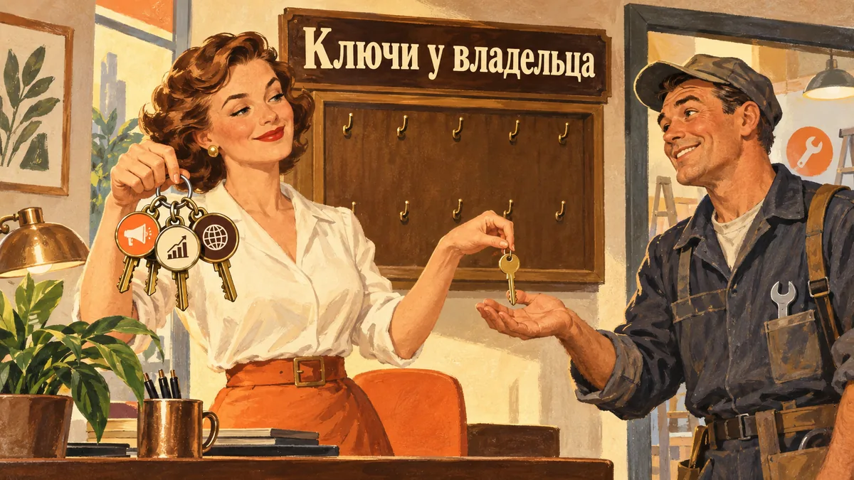 Собственница держит ключи от&nbsp;рекламы, аналитики и&nbsp;сайта, подрядчик получает копию; надпись «Ключи у&nbsp;владельца».