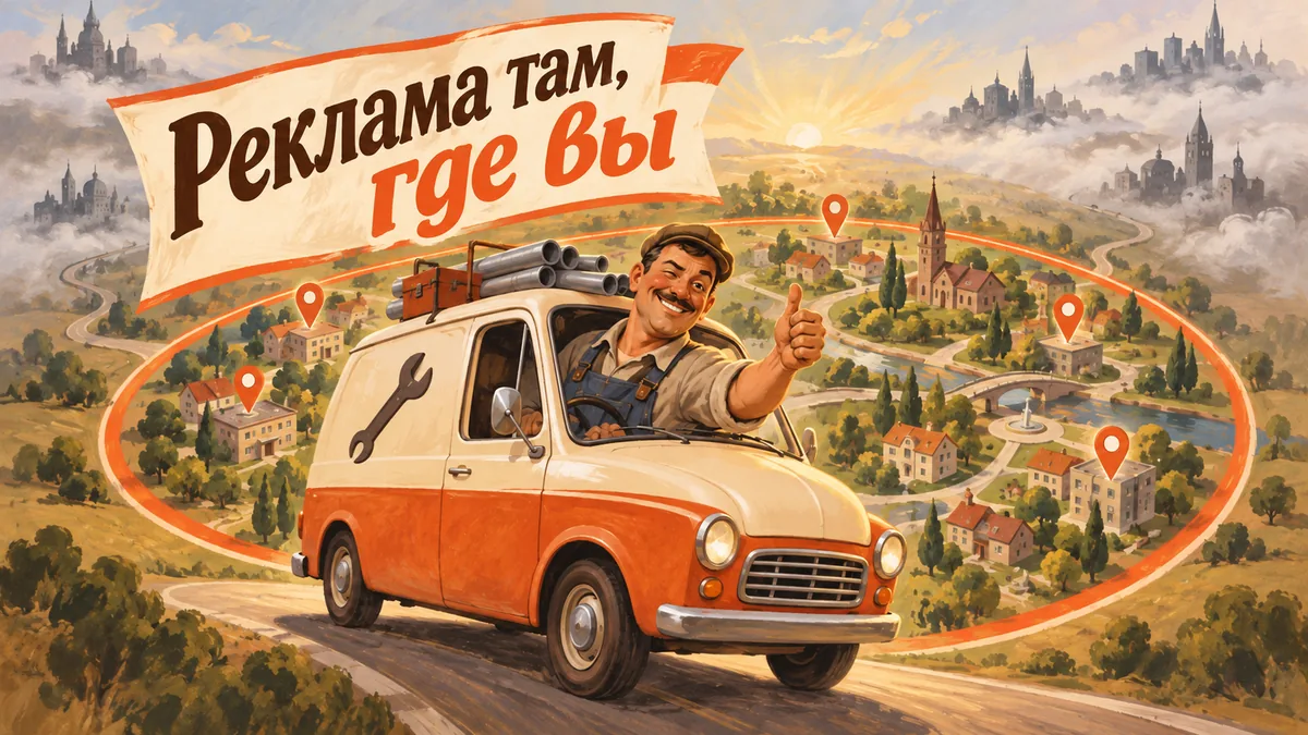 Сантехник едет на фургоне внутри круга своего района на карте; надпись «Реклама там, где вы».