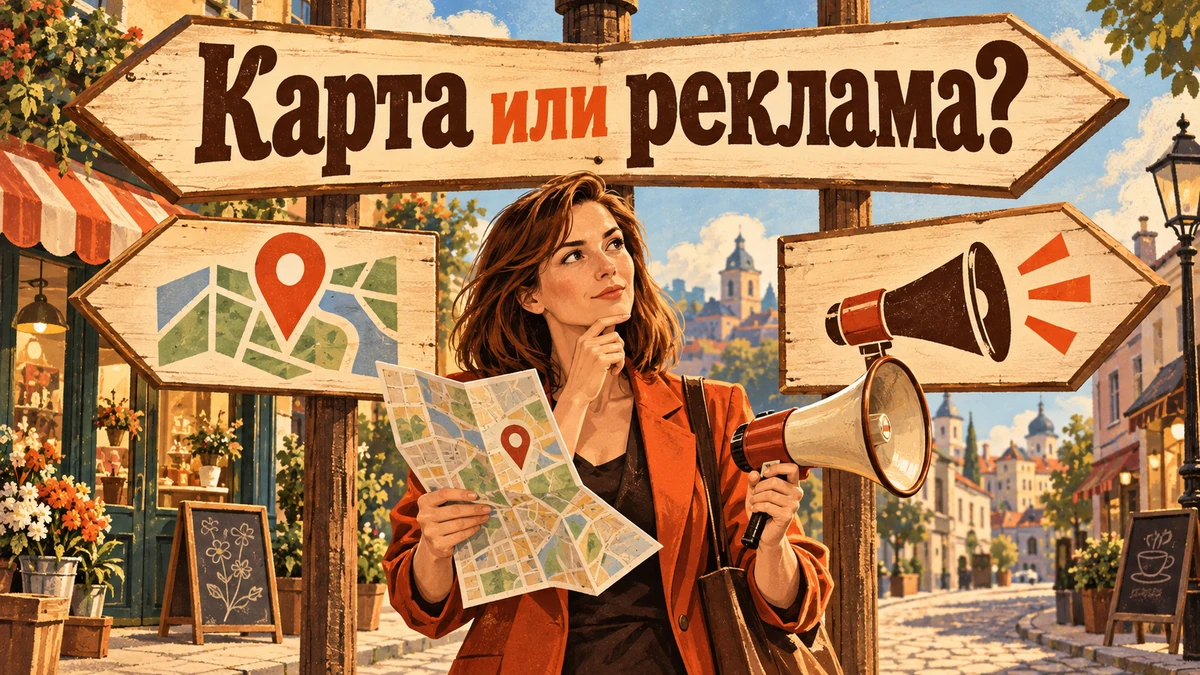 Директ или продвижение в Картах: куда вложить первый бюджет — иллюстрация с надписью «Карта или реклама?»