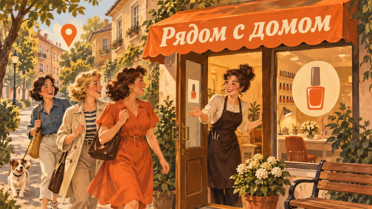 Соседи идут пешком к небольшому салону с меткой карты, мастер встречает их у двери; надпись «Рядом с домом».