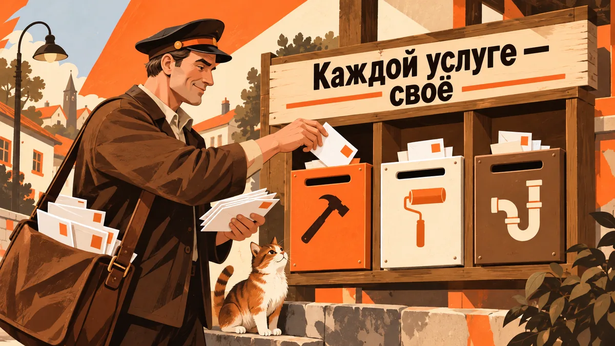 Почтальон раскладывает письма по ящикам с пиктограммами разных услуг; надпись «Каждой услуге — своё».