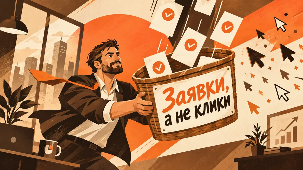 Предприниматель ловит карточки заявок в корзину, пока клики-конфетти пролетают мимо; надпись «Заявки, а не клики».