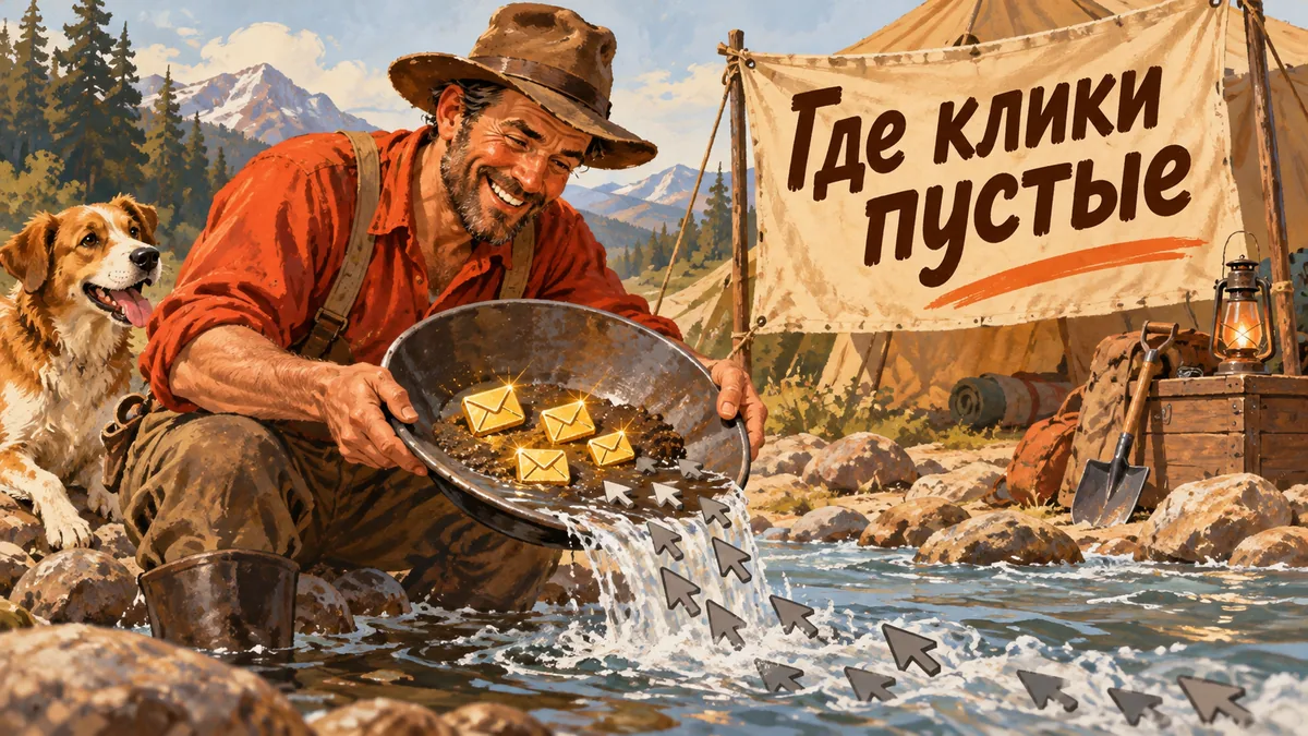 Золотоискатель промывает клики в лотке и находит золотые конверты-заявки; надпись «Где клики пустые».