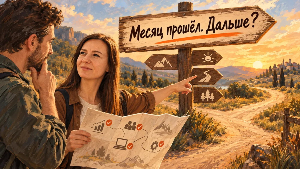 Мария и&nbsp;клиент стоят на&nbsp;развилке и&nbsp;изучают карту результатов первого месяца; надпись «Месяц прошёл. Дальше?».