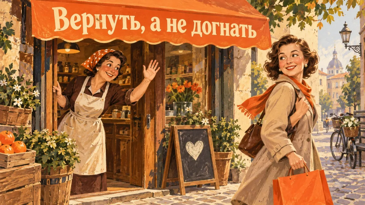 Продавщица приветливо машет уходящей покупательнице, которая оборачивается к лавке; надпись «Вернуть, а не догнать».