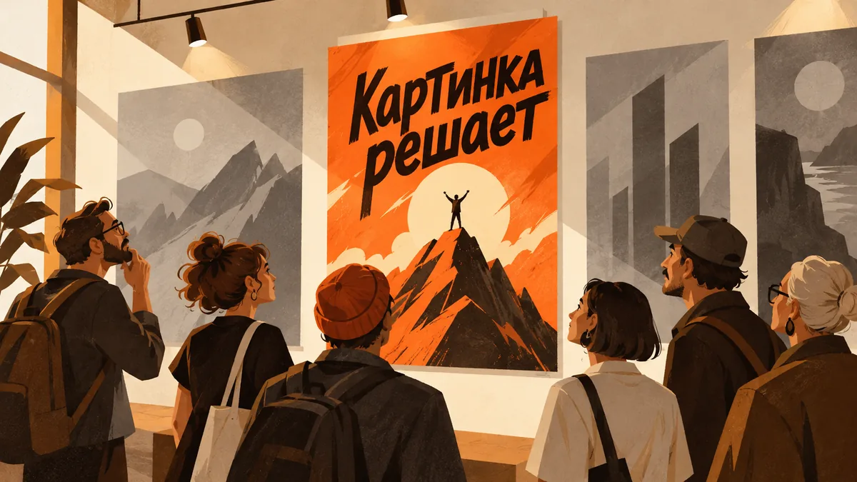 Посетители галереи собираются у&nbsp;яркого плаката среди серых картин; надпись «Картинка решает».