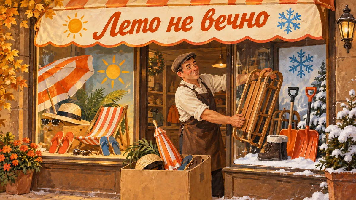 Продавец меняет летнюю витрину с зонтом и шлёпанцами на зимнюю с санками и лопатами; надпись «Лето не вечно».