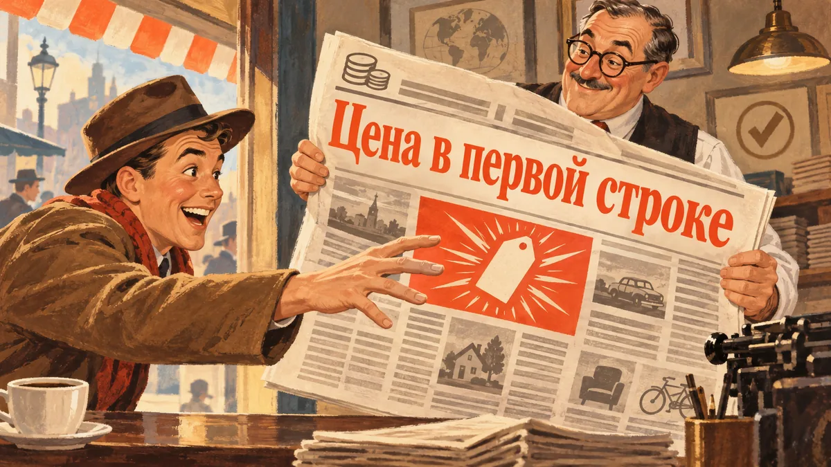 Читатель тянется к&nbsp;выделенному объявлению в&nbsp;газете, которую держит редактор; надпись «Цена в&nbsp;первой строке».