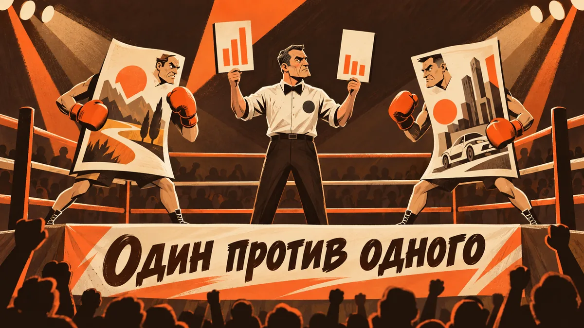 Два объявления в&nbsp;боксёрских перчатках соревнуются на&nbsp;ринге, рефери сравнивает результаты; надпись «Один против одного».