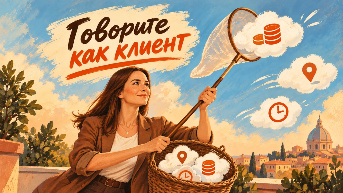 Мария ловит сачком облачка с&nbsp;пиктограммами запросов клиентов и&nbsp;собирает их&nbsp;в&nbsp;корзину; надпись «Говорите как&nbsp;клиент».