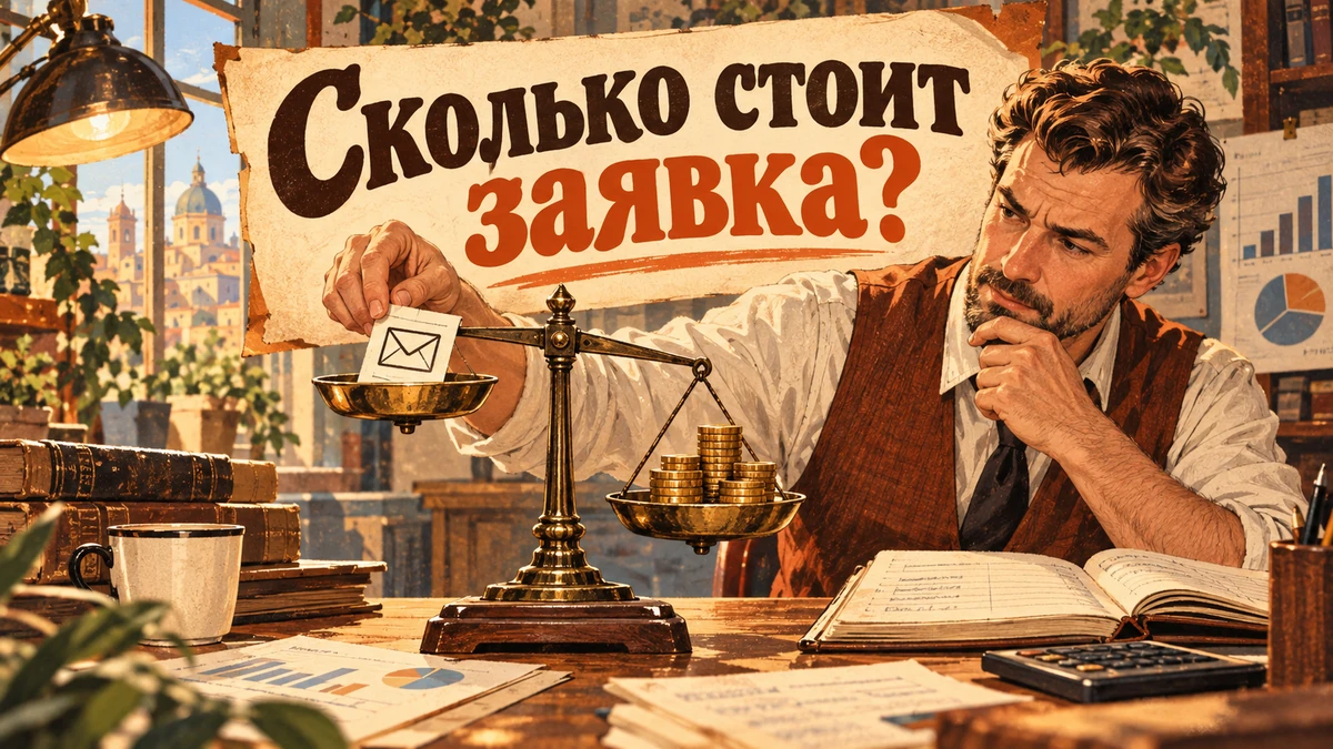 Как&nbsp;рассчитать допустимую стоимость заявки до&nbsp;запуска рекламы&nbsp;— иллюстрация с&nbsp;надписью «Сколько стоит заявка?»