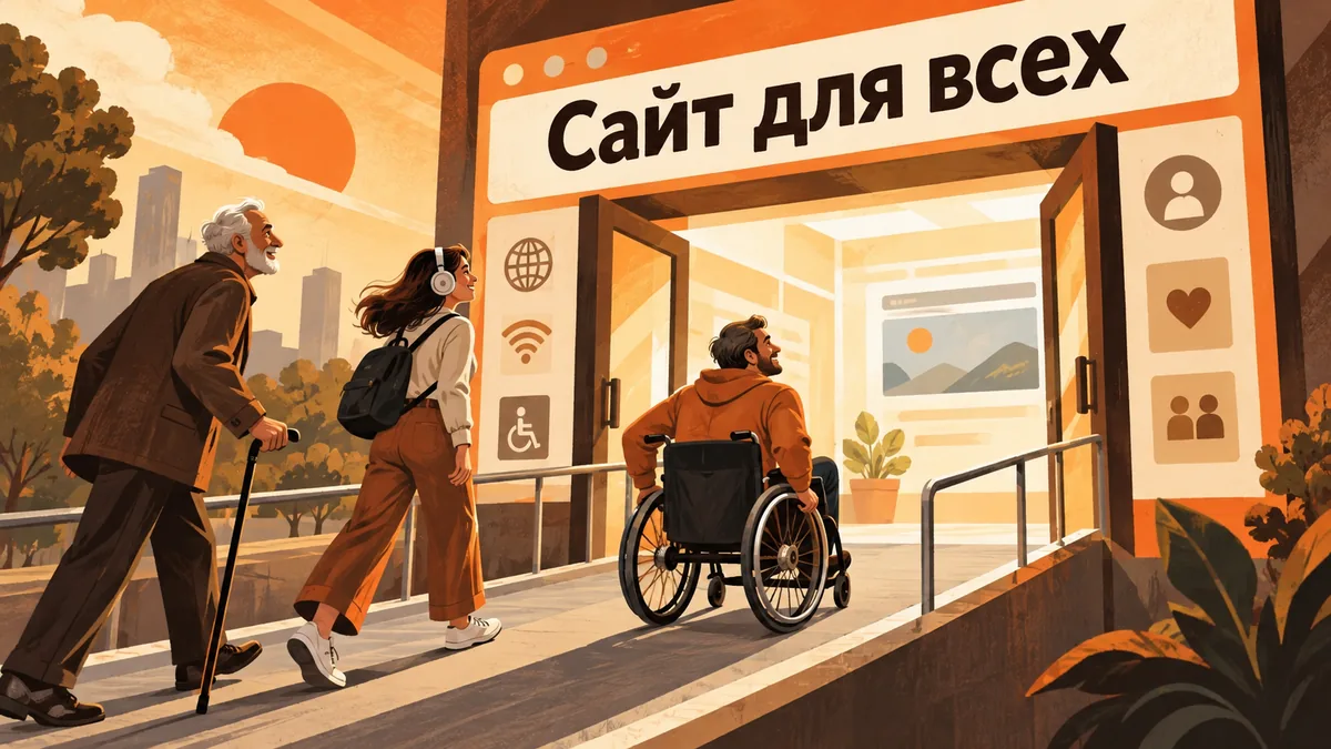 Пожилой мужчина, девушка в&nbsp;наушниках и&nbsp;человек на&nbsp;коляске входят в&nbsp;двери сайта по&nbsp;пандусу; надпись «Сайт для&nbsp;всех».