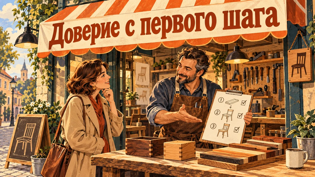 Как&nbsp;вызвать доверие на&nbsp;сайте новой компании без&nbsp;большого портфолио&nbsp;— иллюстрация с&nbsp;надписью «Доверие с&nbsp;первого шага»