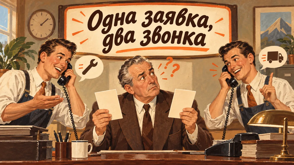 Два близнеца звонят по двум телефонам растерянному менеджеру; надпись «Одна заявка, два звонка».
