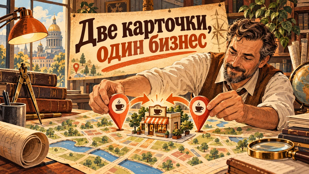 Дубли карточки в&nbsp;Яндекс Картах: что делать&nbsp;— иллюстрация с&nbsp;надписью «Две карточки, один бизнес»
