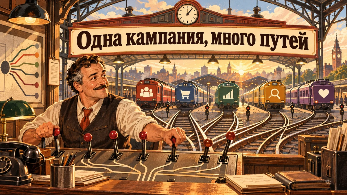 Единая перфоманс-кампания: что важно понимать владельцу бизнеса — иллюстрация с надписью «Одна кампания, много путей»