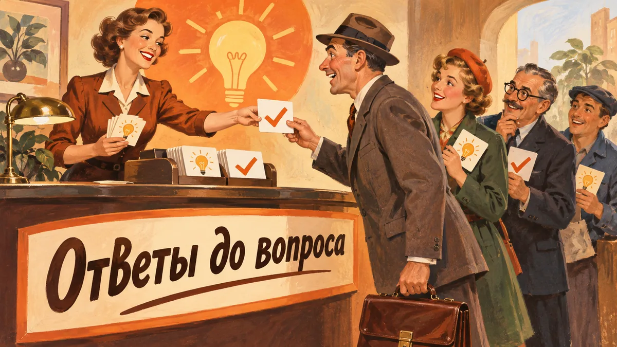 Консультант раздаёт карточки ответов очереди клиентов до того, как они задают вопросы; надпись «Ответы до вопроса».