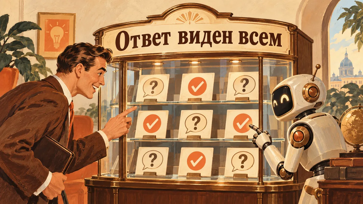 Консультант и робот рассматривают карточки вопросов и ответов в стеклянной витрине; надпись «Ответ виден всем».
