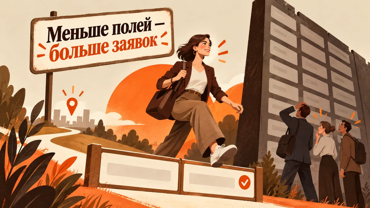 Клиентка легко перешагивает забор из&nbsp;двух полей, рядом другие посетители остановились у&nbsp;высокой стены; надпись «Меньше полей&nbsp;— больше заявок».