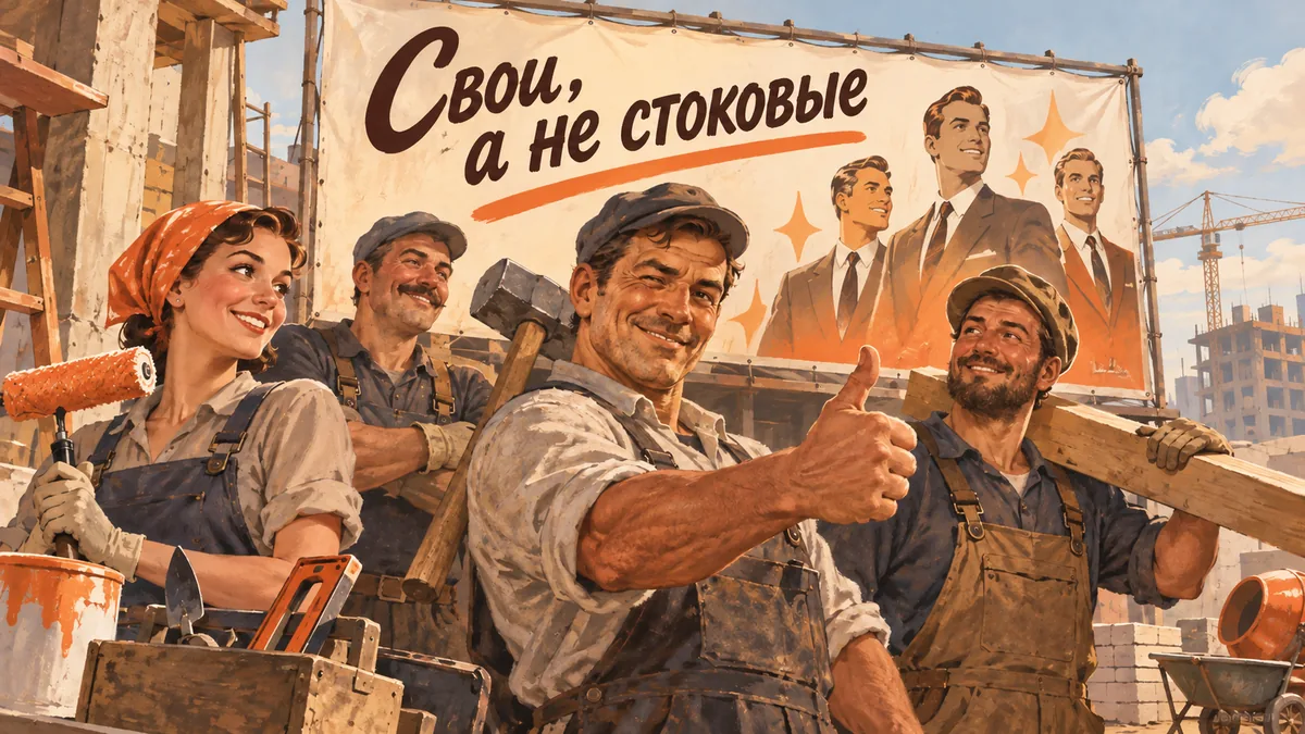 Рабочая бригада позирует перед плакатом с одинаковыми стоковыми моделями; надпись «Свои, а не стоковые».