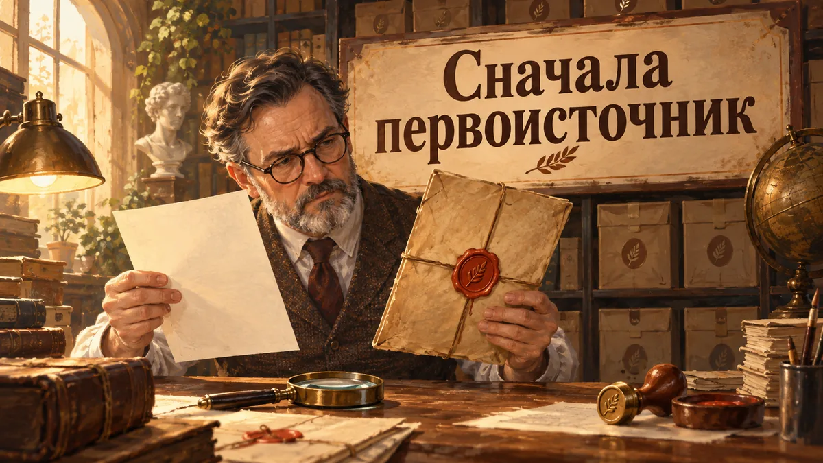 Архивариус в очках сравнивает статью с оригинальным документом с печатью; надпись «Сначала первоисточник».