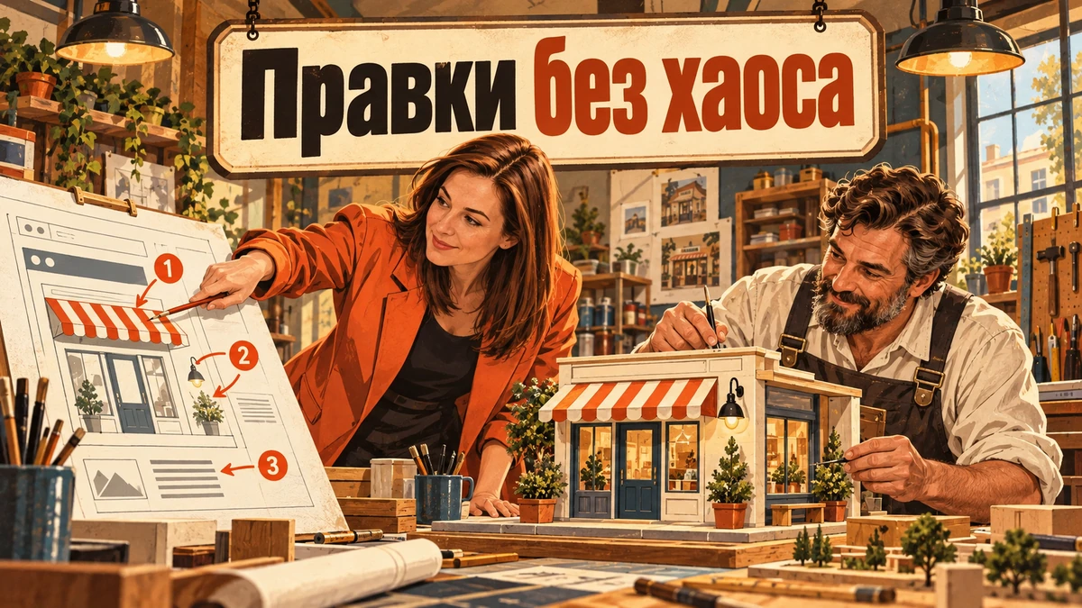 Как давать правки к дизайну сайта, чтобы не затянуть проект — иллюстрация с надписью «Правки без хаоса»