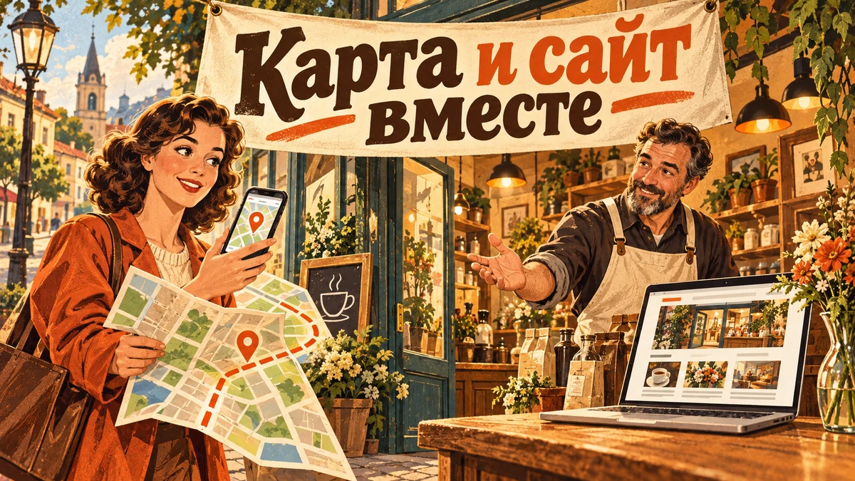 Карточка в Картах и сайт: зачем бизнесу оба — иллюстрация с надписью «Карта и сайт вместе»