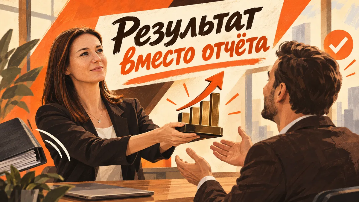 Мария вручает клиенту кубок в виде растущего графика, отодвигая толстую папку; надпись «Результат вместо отчёта».