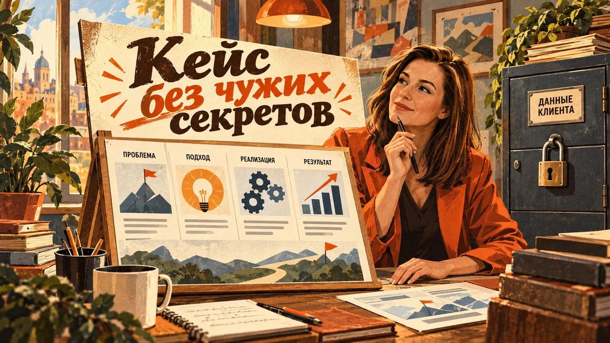 Как&nbsp;превратить проект в&nbsp;кейс, если&nbsp;данные клиента закрыты&nbsp;— иллюстрация с&nbsp;надписью «Кейс без&nbsp;чужих секретов»