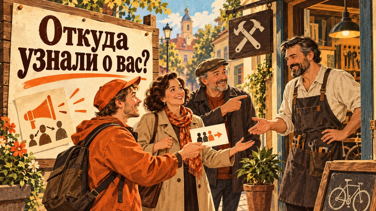 Клиенты по&nbsp;рекомендации: как&nbsp;учитывать сарафанное радио&nbsp;— иллюстрация с&nbsp;надписью «Откуда узнали о&nbsp;вас?»