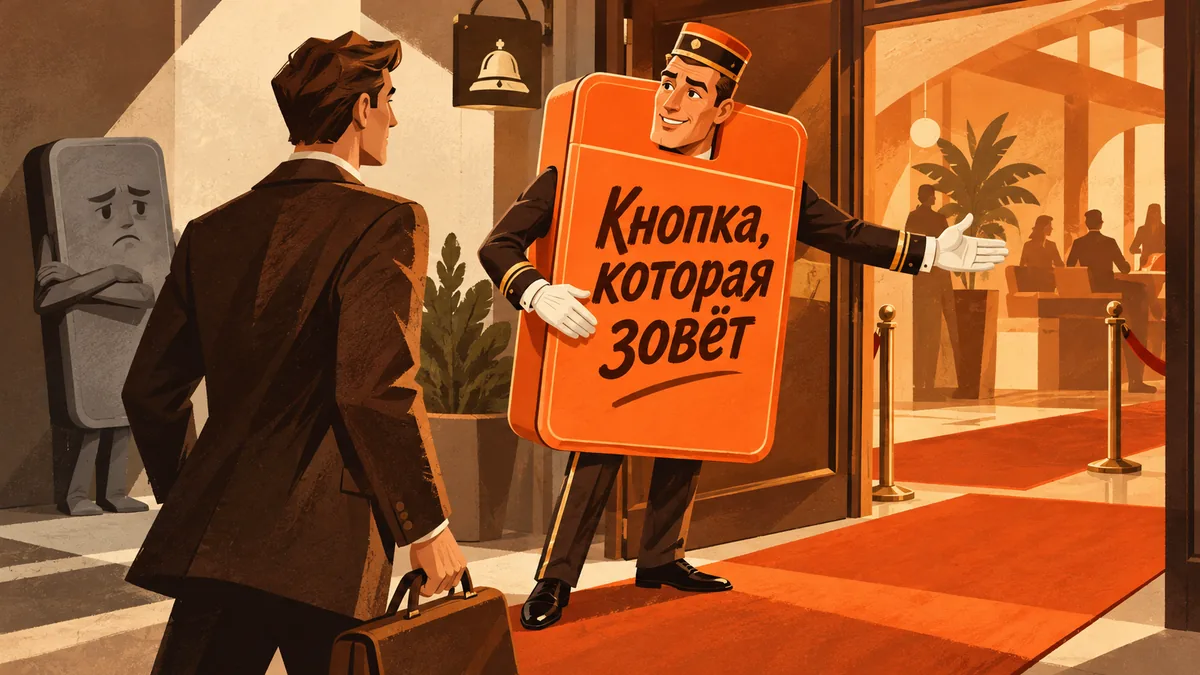 Большая оранжевая кнопка-швейцар приветливо приглашает клиента войти; надпись «Кнопка, которая зовёт».