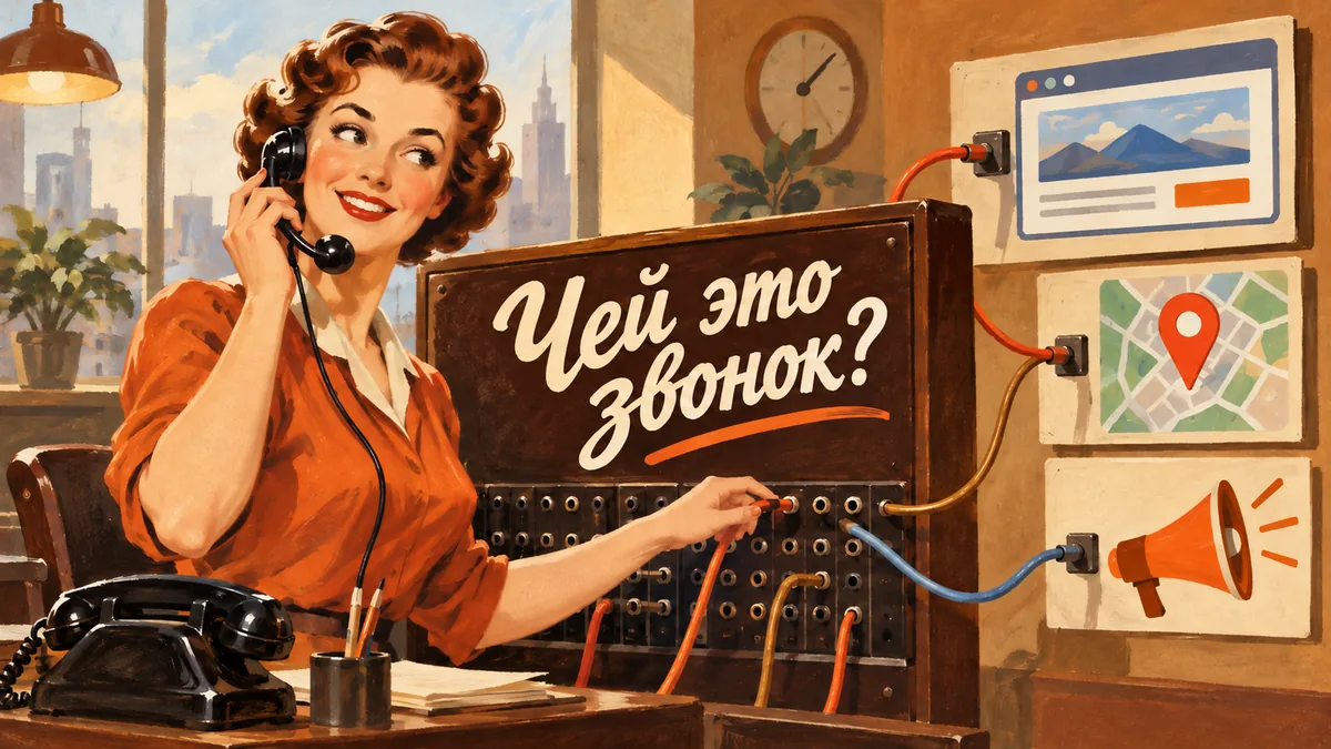 Телефонистка соединяет провода коммутатора с сайтом, картой и рекламой; надпись «Чей это звонок?».