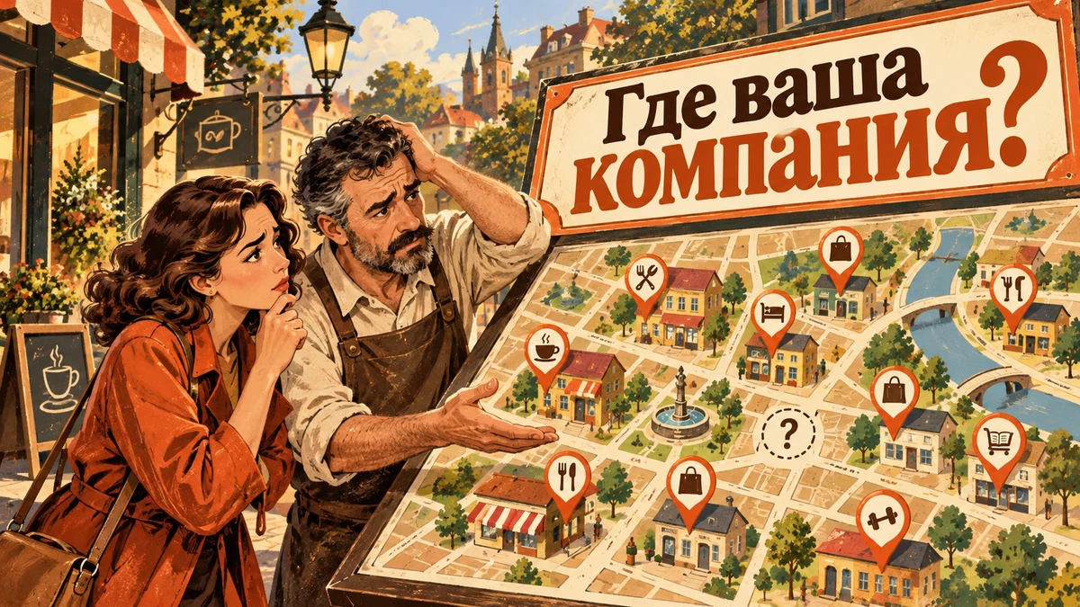Почему компанию не&nbsp;видно в&nbsp;Картах по&nbsp;запросу категории&nbsp;— иллюстрация с&nbsp;надписью «Где ваша компания?»