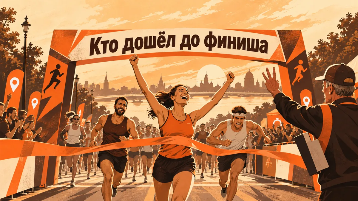 Судья считает бегунов, которые пересекают финишную ленту; надпись «Кто дошёл до финиша».