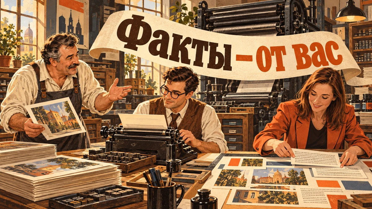 Владелец бизнеса передаёт факты автору и дизайнеру в мастерской печати.
