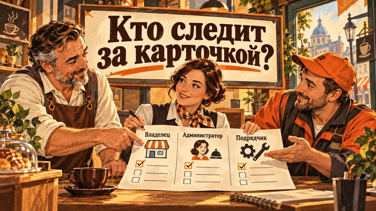 Кто должен вести карточку: владелец, администратор или&nbsp;подрядчик&nbsp;— иллюстрация с&nbsp;надписью «Кто следит за&nbsp;карточкой?»