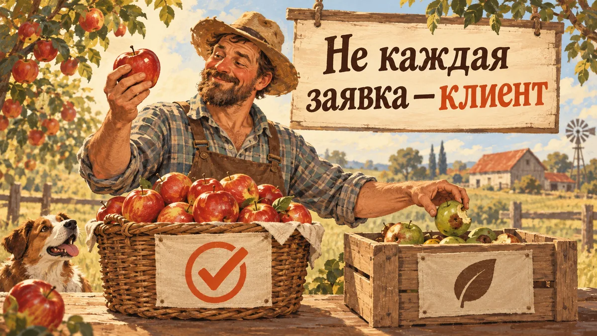 Фермер сортирует спелые и испорченные яблоки по разным ёмкостям; надпись «Не каждая заявка — клиент».